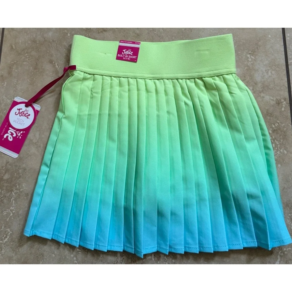Justice Pleated Skort Girls S 7/8 Green Blue Ombre Athletic Sporty Preppy NEW